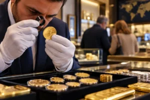 Expert en métaux précieux examinant une pièce d’or à la loupe, devant un présentoir de pièces d’or et d’argent