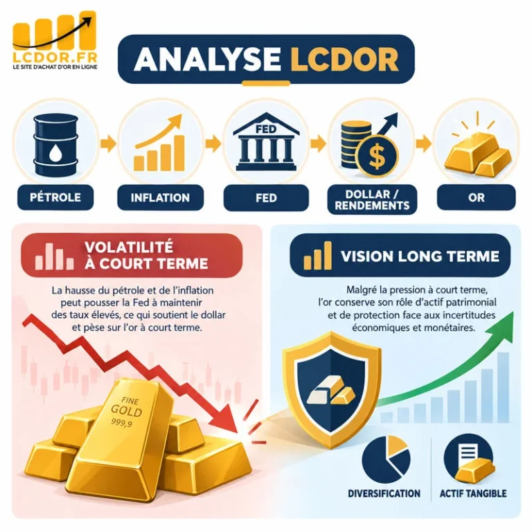 Infographie LCDOR expliquant le lien entre pétrole, inflation, Fed, dollar et cours de l'or, avec une distinction entre volatilité à court terme et diversification patrimoniale.