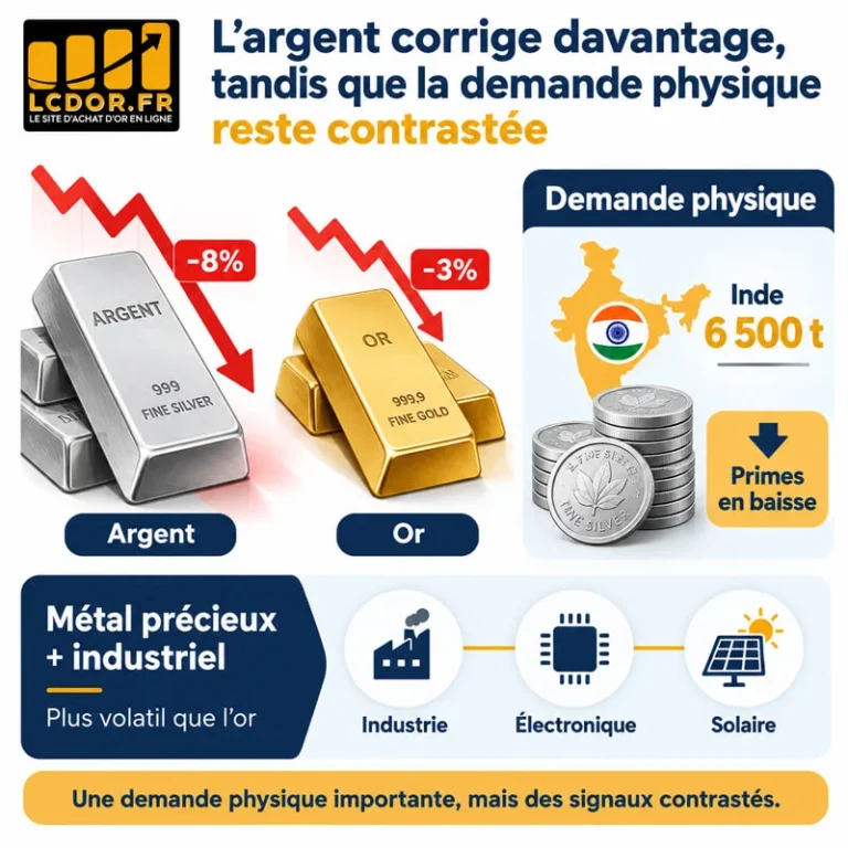 Infographie comparant la correction de l'argent et de l'or, la volatilité du métal blanc et les autorisations d'importation d'argent en Inde.