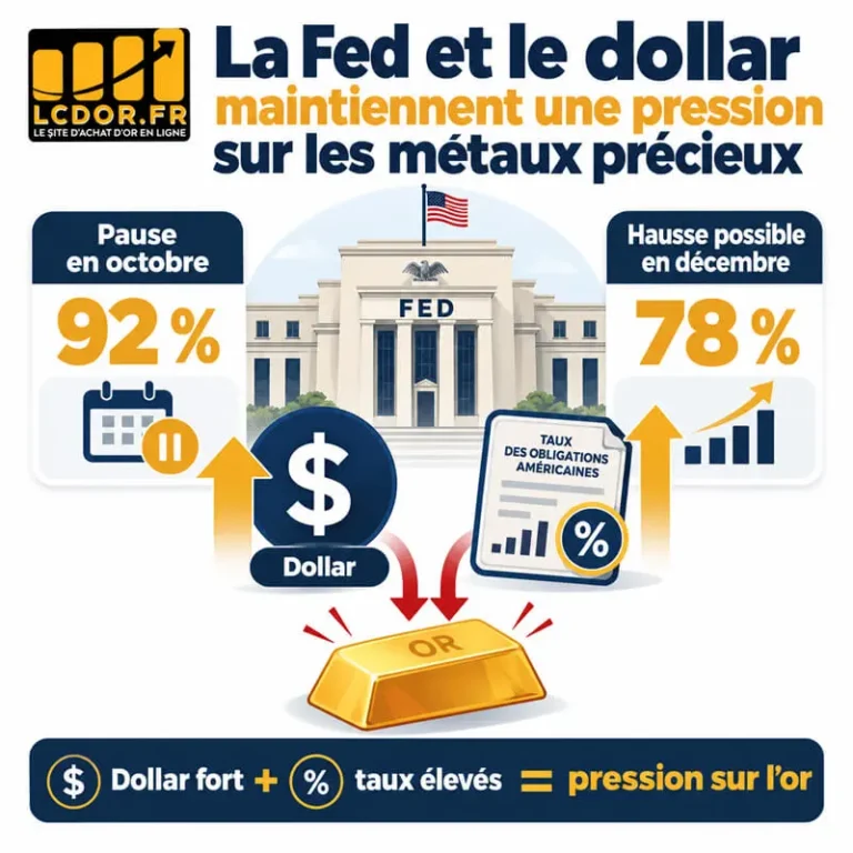 Infographie montrant comment les anticipations de taux de la Fed, la hausse du dollar et les rendements obligataires exercent une pression sur le cours de l'or.