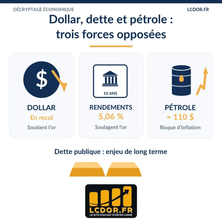 Infographie LCDOR comparant le recul du dollar, le rendement américain à 10 ans autour de 5,06 % et le pétrole proche de 110 dollars.