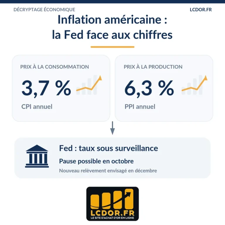 Infographie LCDOR présentant le CPI américain à 3,7 %, le PPI à 6,3 % et les perspectives de taux de la Fed en octobre 2026.