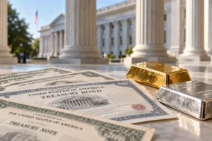 Lingots d’or et d’argent à côté d’obligations du Trésor américain, devant un bâtiment institutionnel à colonnes