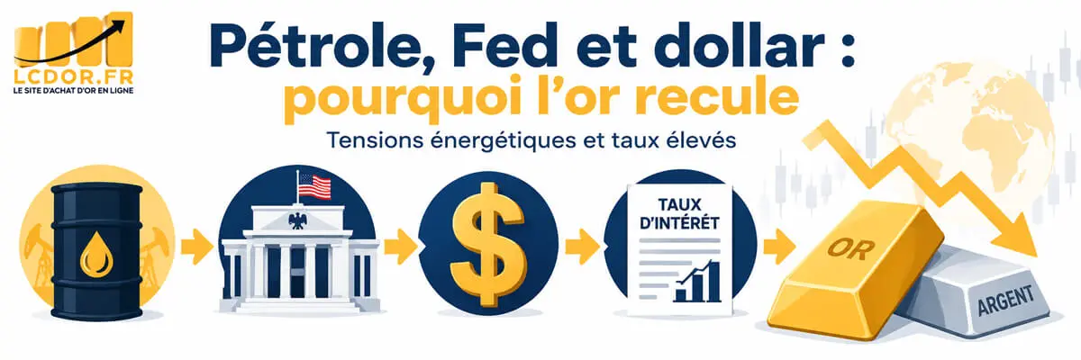 Bandeau pédagogique illustrant la chaîne entre hausse du pétrole, politique monétaire de la Fed, dollar fort, taux d'intérêt élevés et baisse de l'or et de l'argent.